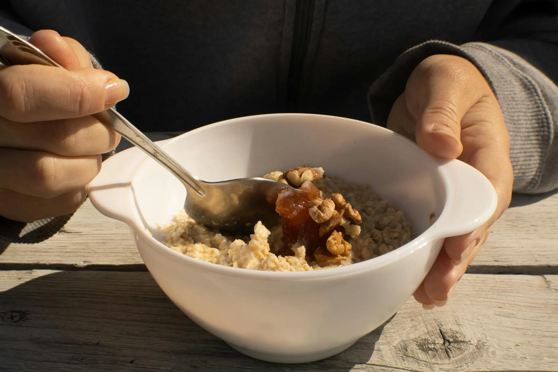 Porridge breakfast cooked outdoors while camping