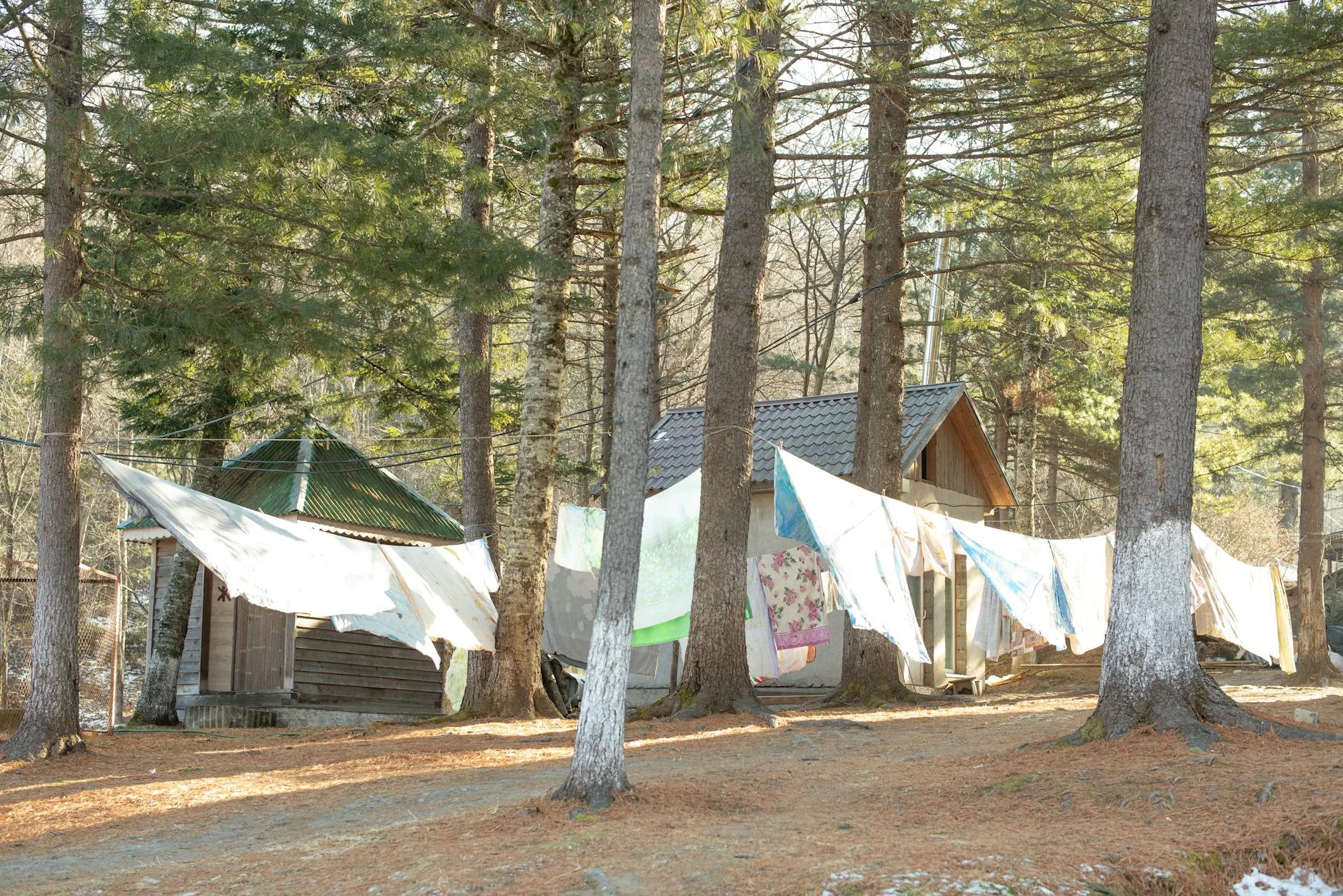 Clothes hanging on a drying line near a camping tent