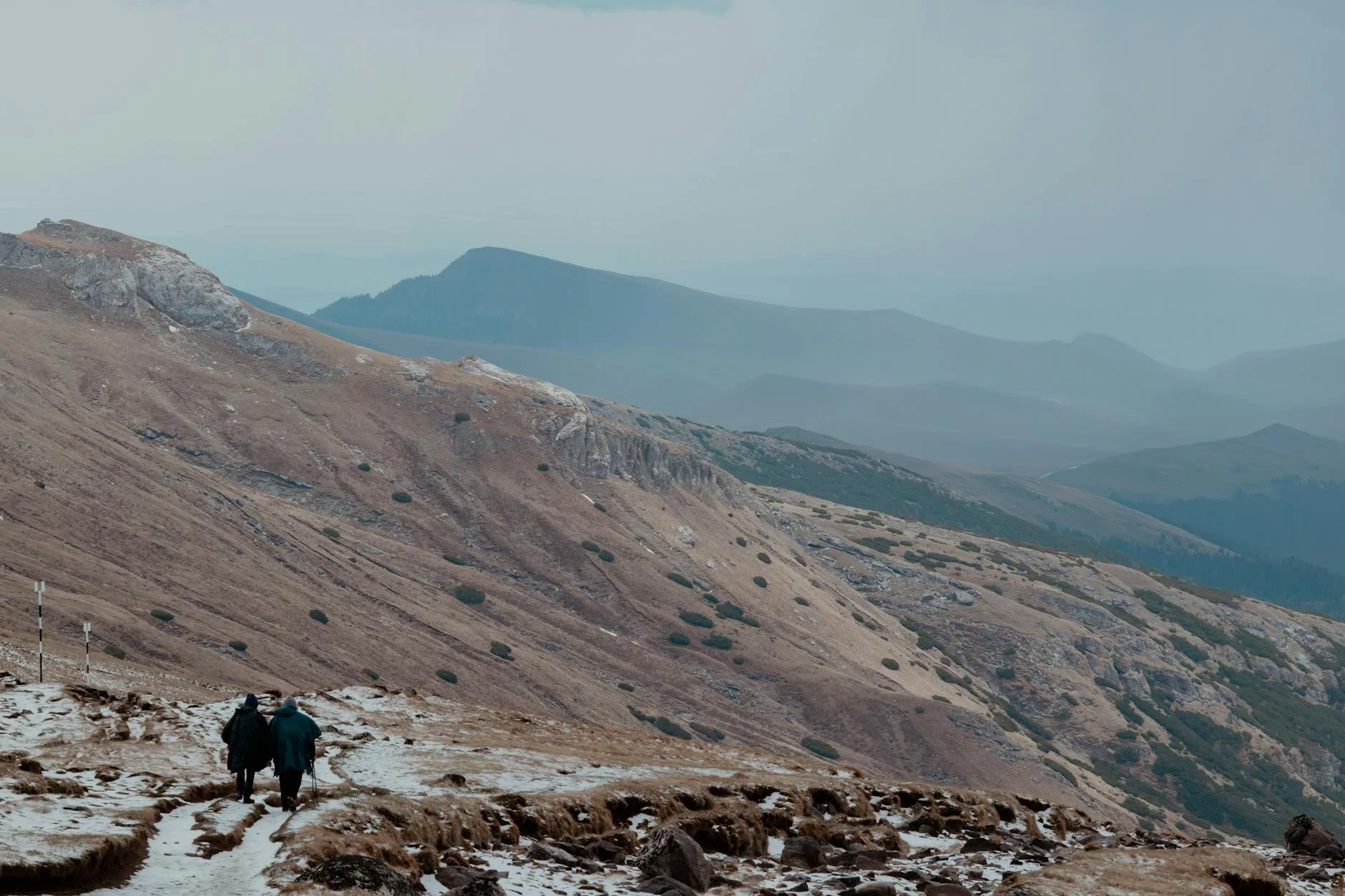 Cold misty morning on a mountain hiking trail