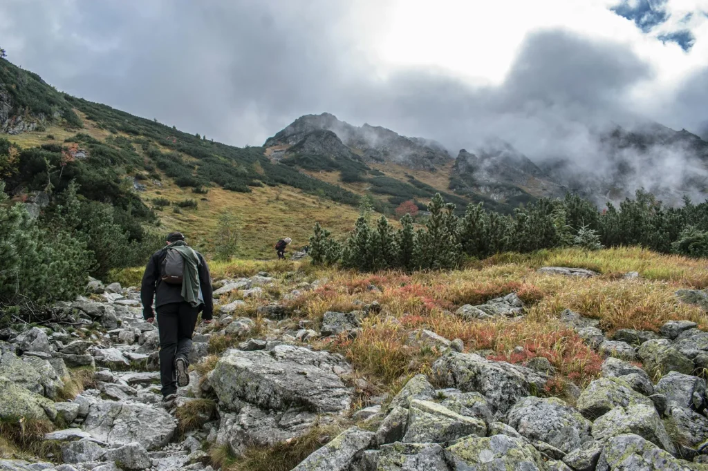 Hiker with a packed rucksack on a mountain trail