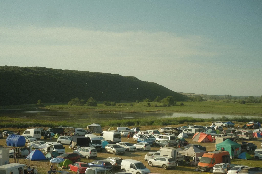 Colourful pop-up tents at a UK music festival campsite