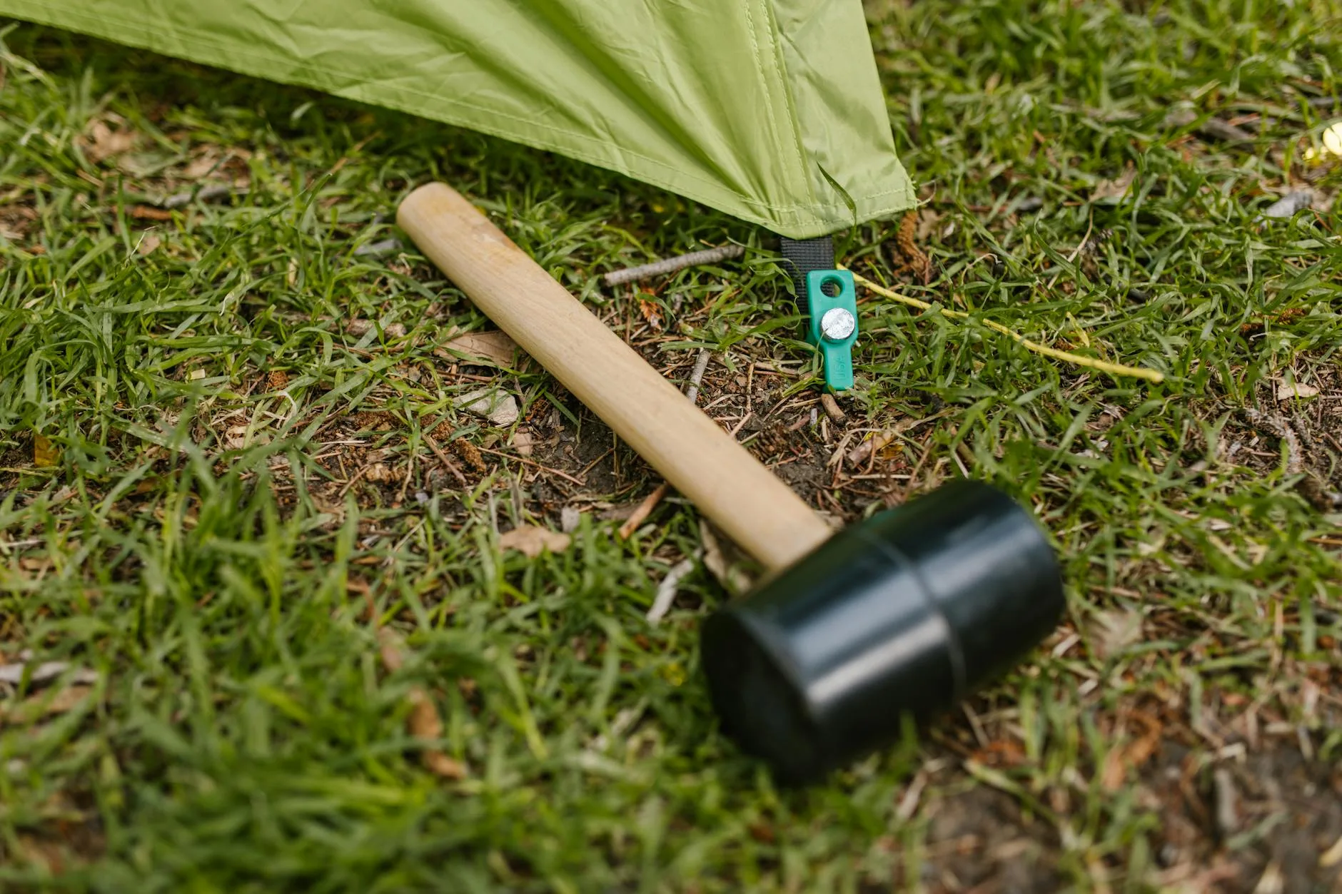 Tent poles and pegs laid out on the ground ready for pitching