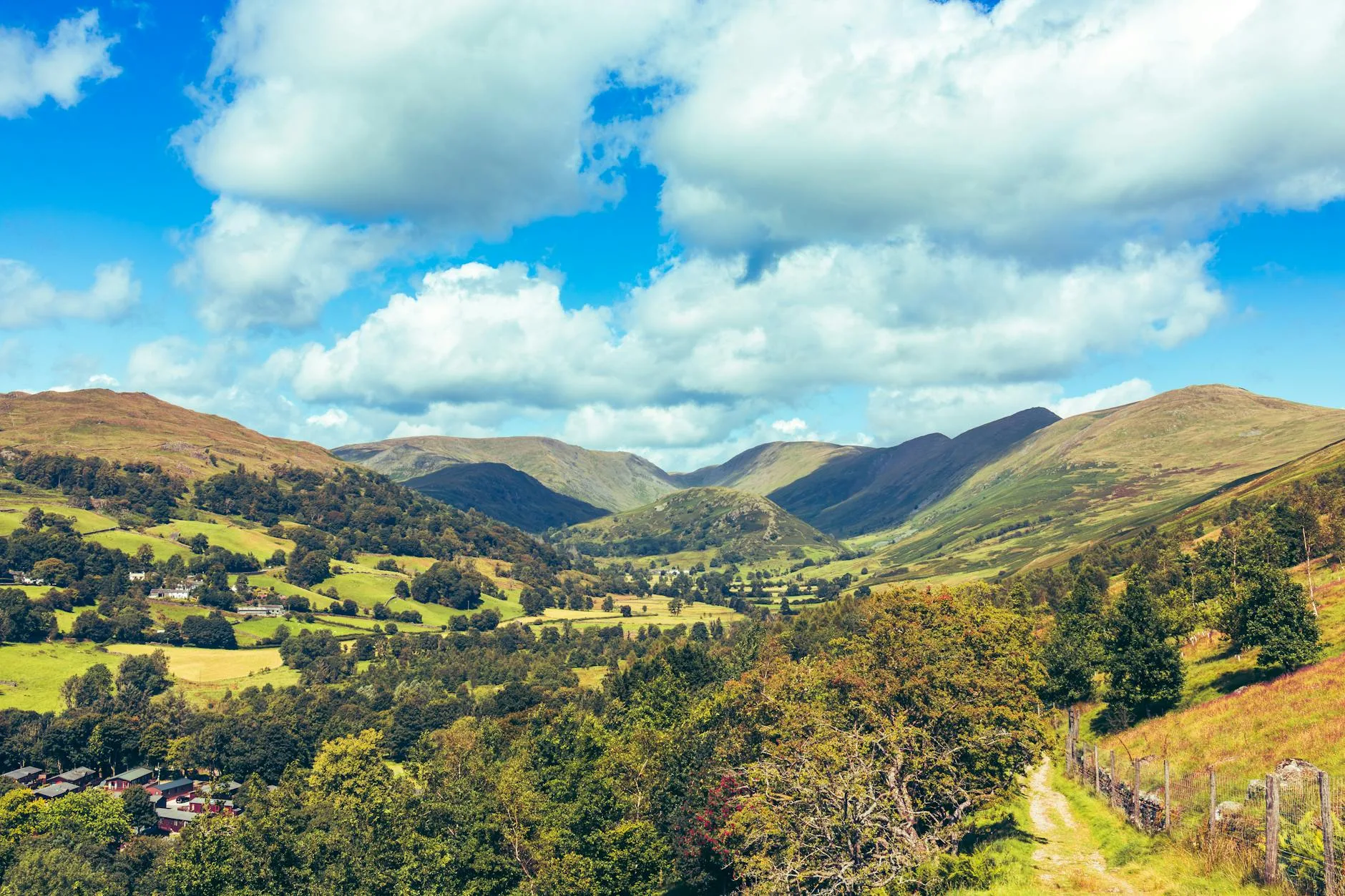 UK mountain hiking landscape with streams and trails