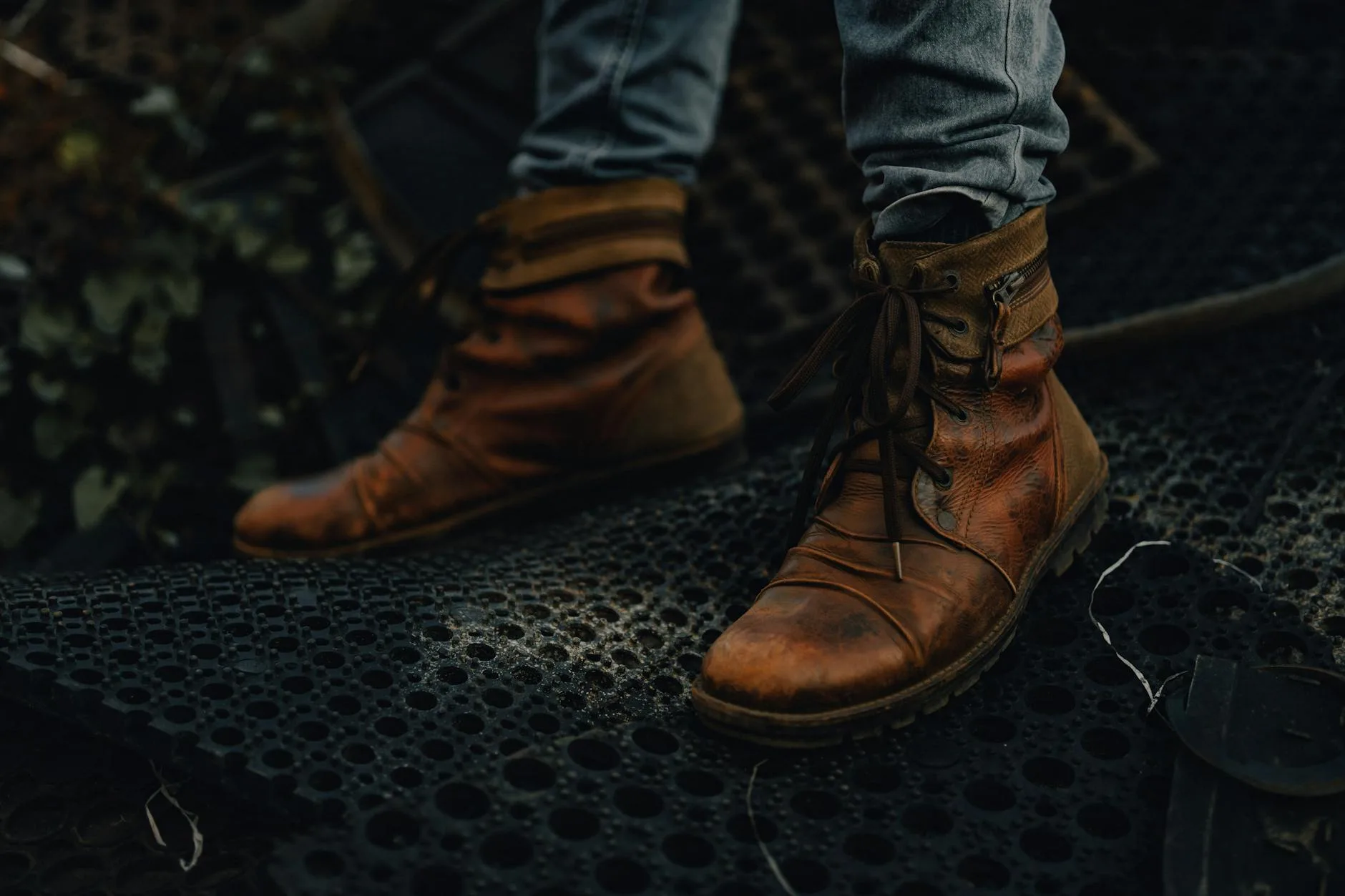Close up of leather walking boots with laces