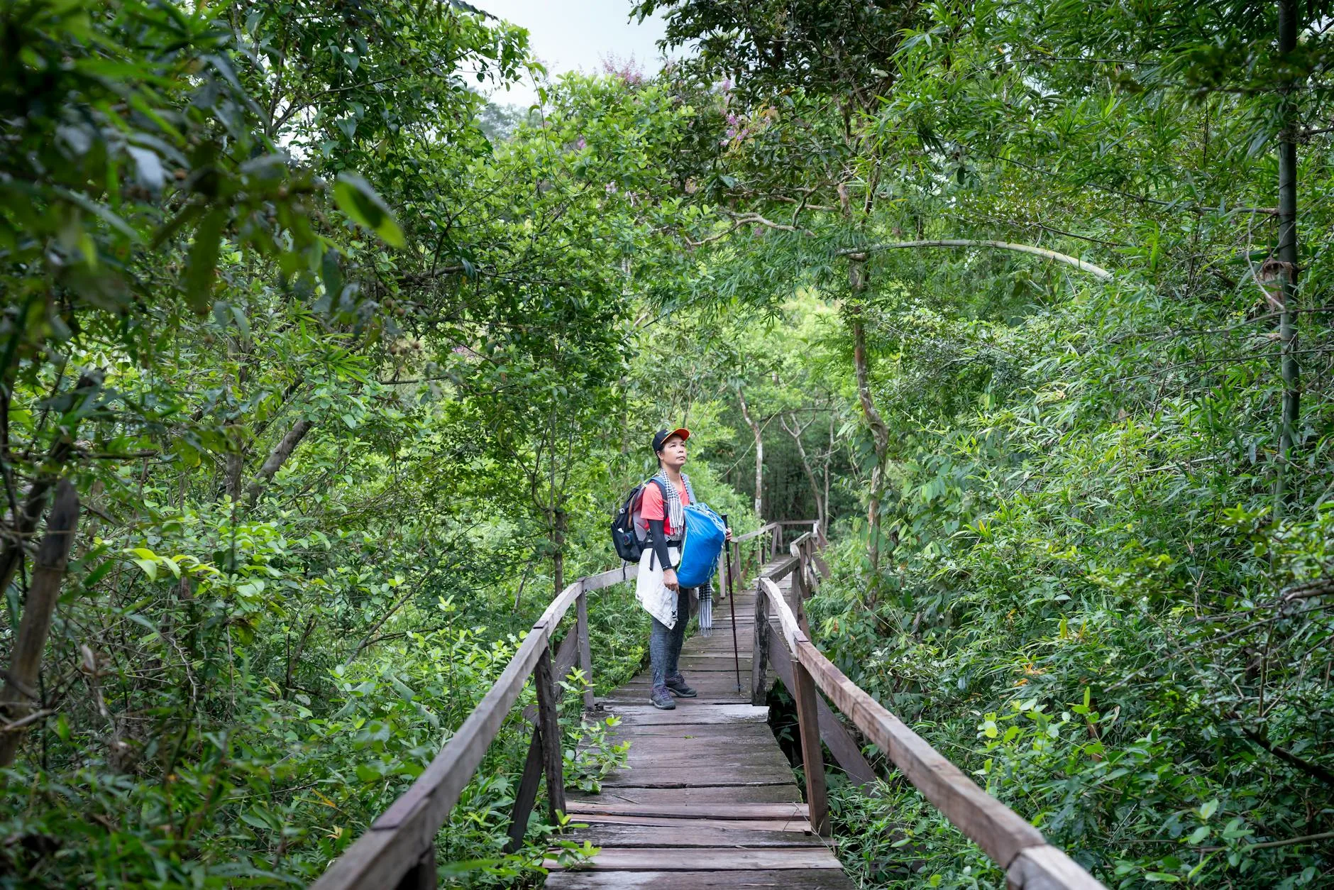 Backpacker hiking on a mountain trail