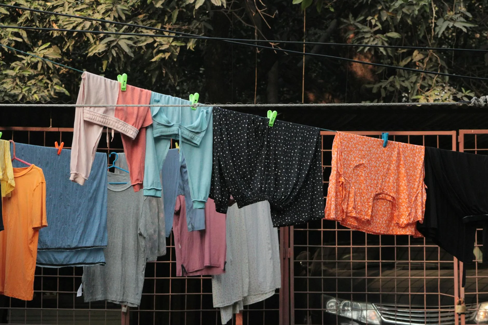 Laundry hanging on an outdoor clothes line to dry