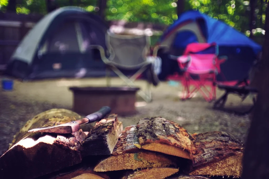Cosy sleeping bag inside a tent at a campsite