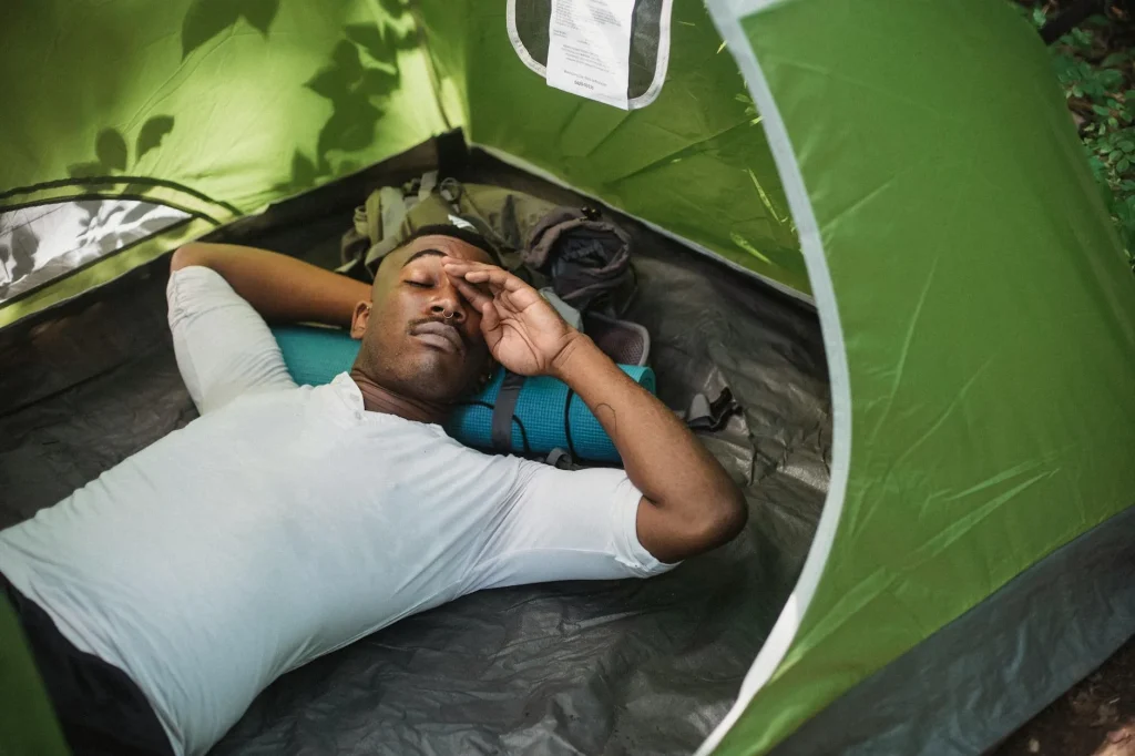 Sleeping bag inside a tent for camping