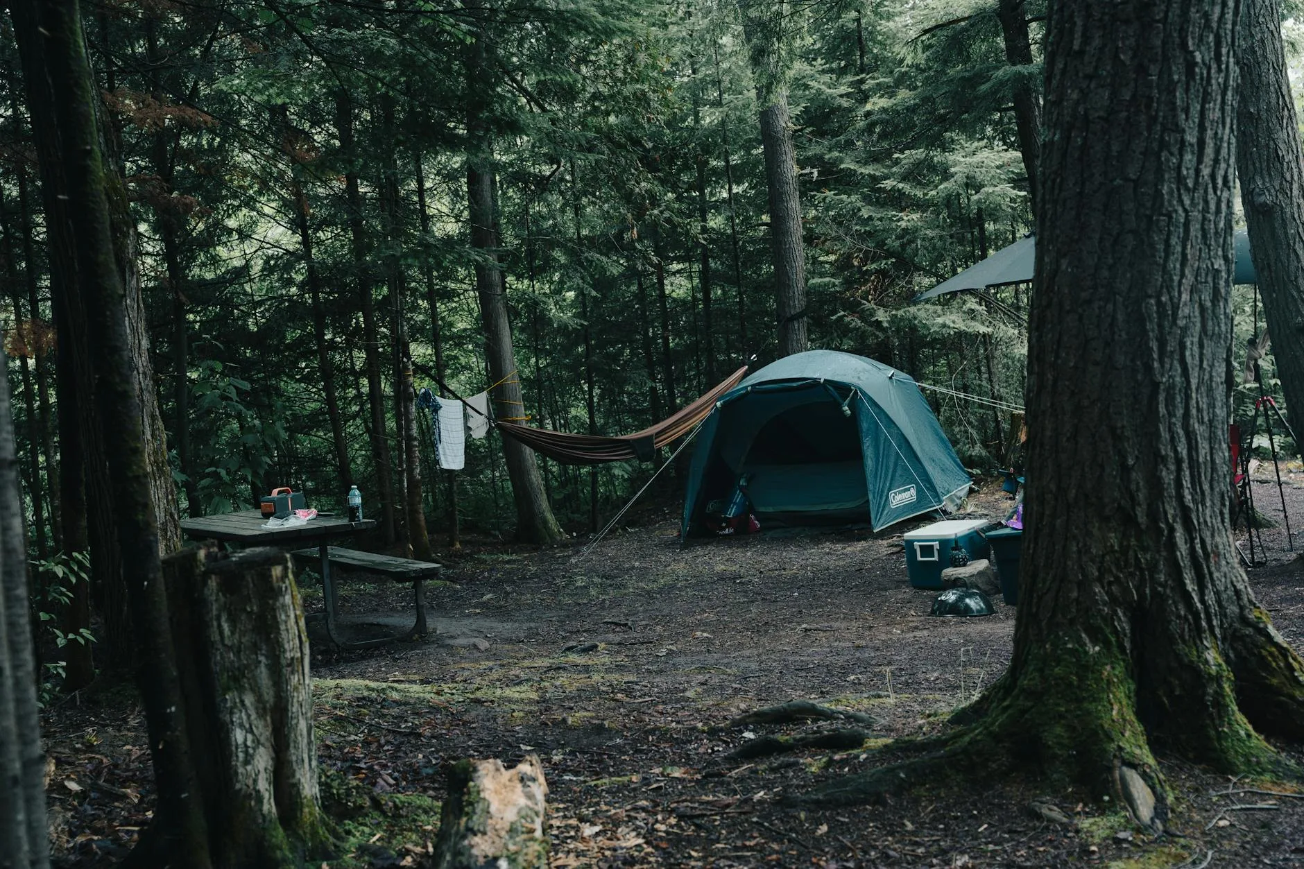Warm sleeping bag inside a tent for cold weather camping