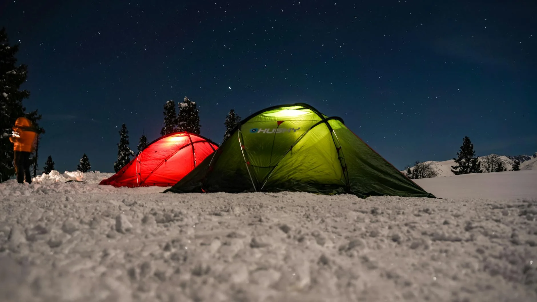Winter camping tent in cold snowy conditions