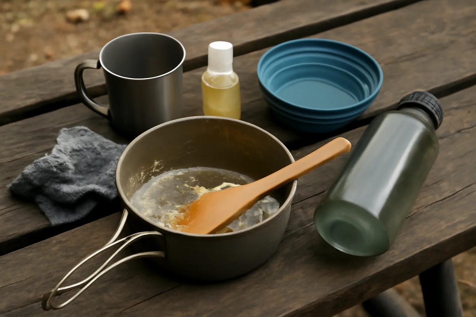 Camping cookware washing kit with pot scraper cloth and collapsible bowl outdoors