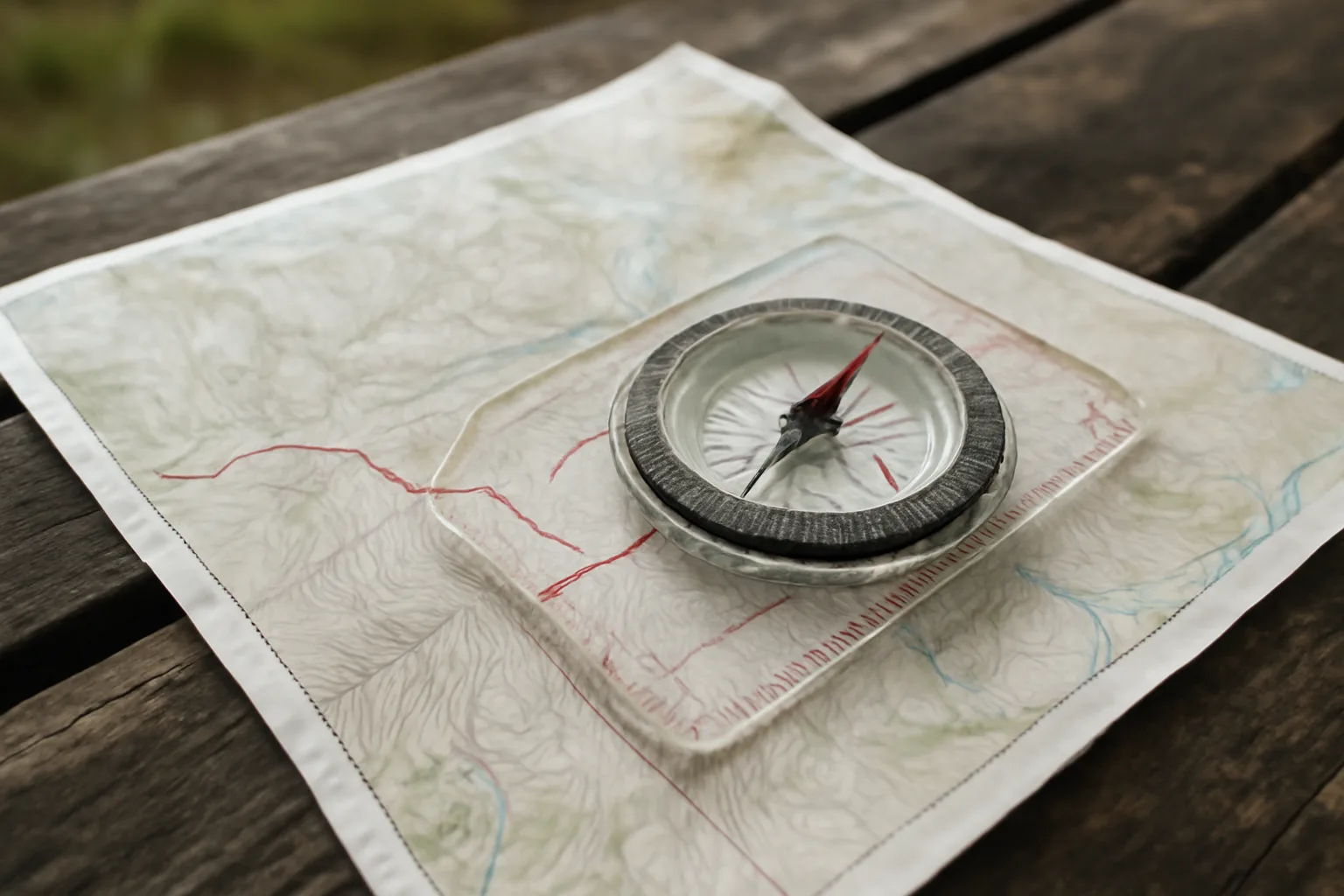 Compass on a topographic map for hiking navigation