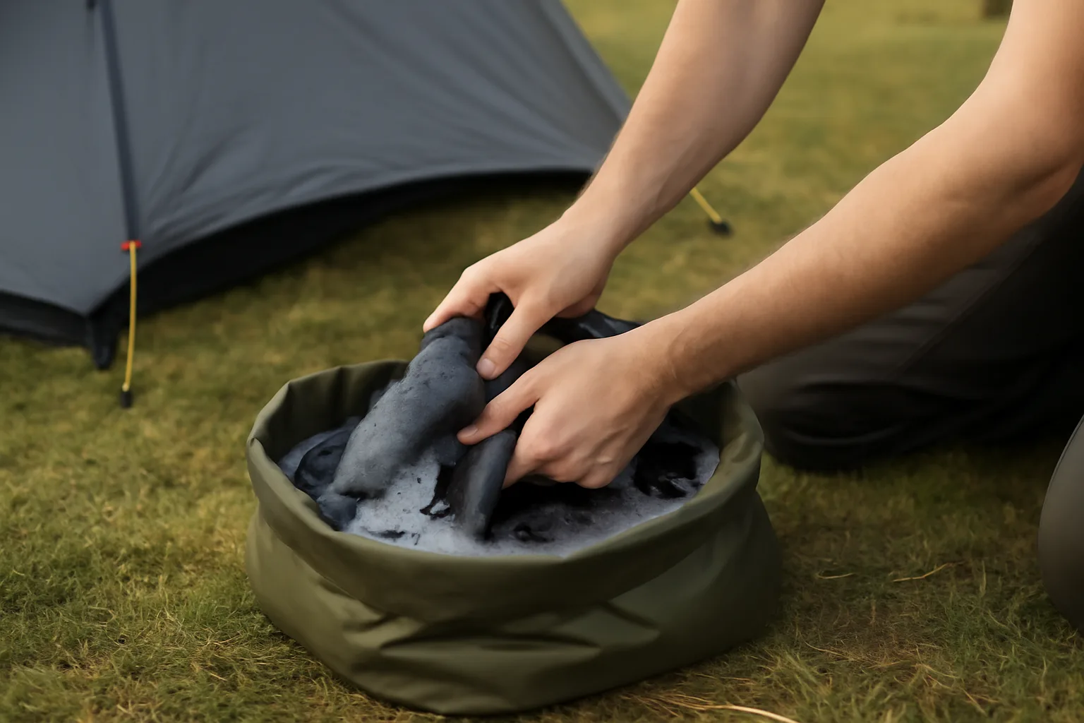 Hand washing camping clothes in a dry bag beside a tent