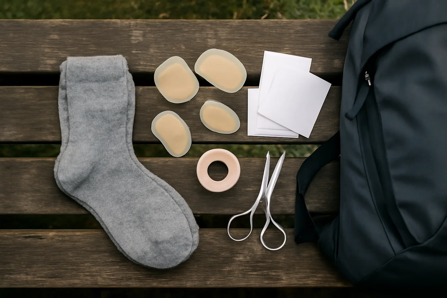 Blister plasters, tape and hiking socks packed for trail foot care