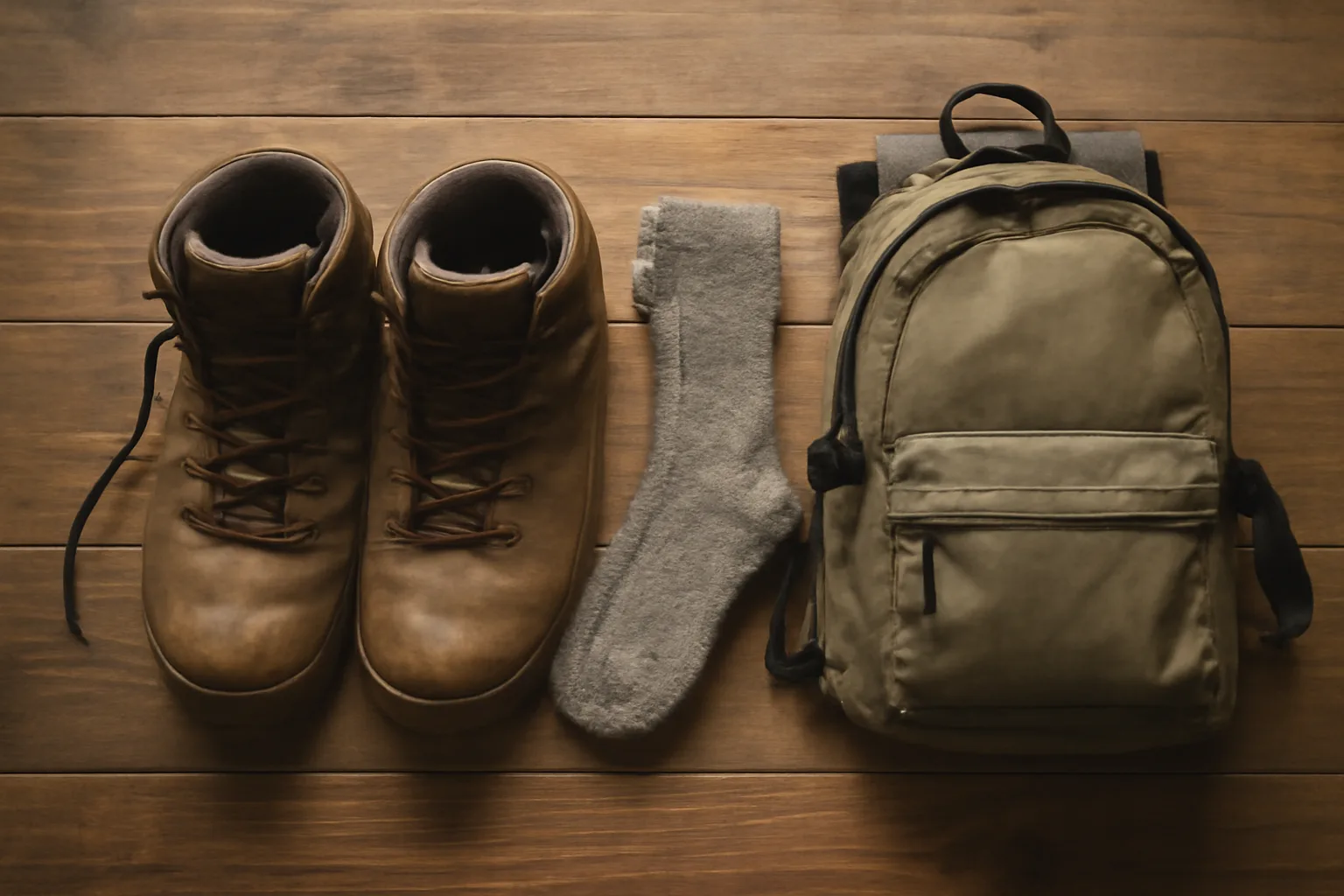 Hiking boots socks and daypack ready for training