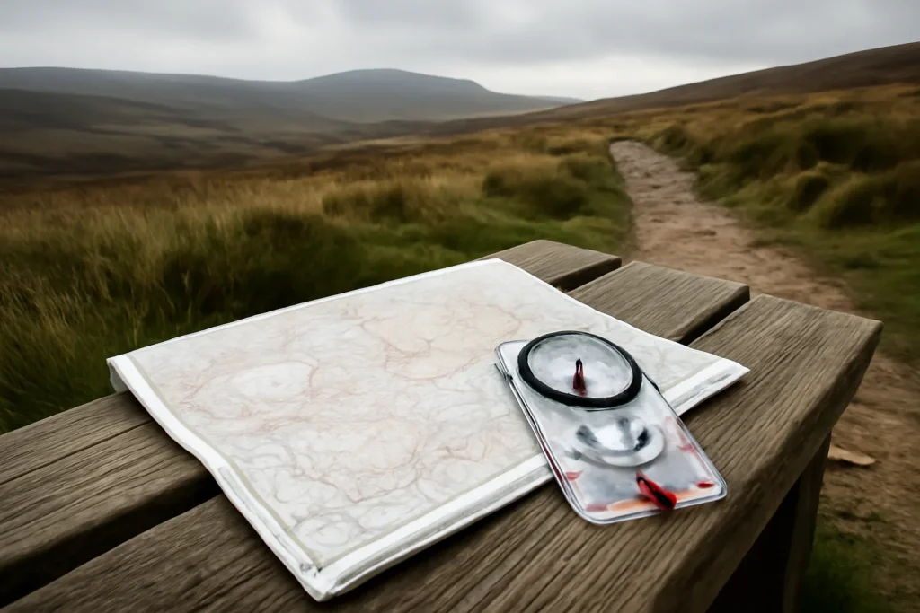 Map and compass used for hiking navigation on a UK trail