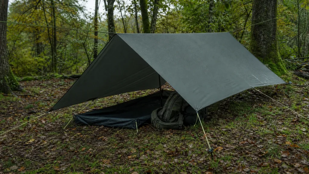 A-frame tarp shelter pitched low in damp woodland