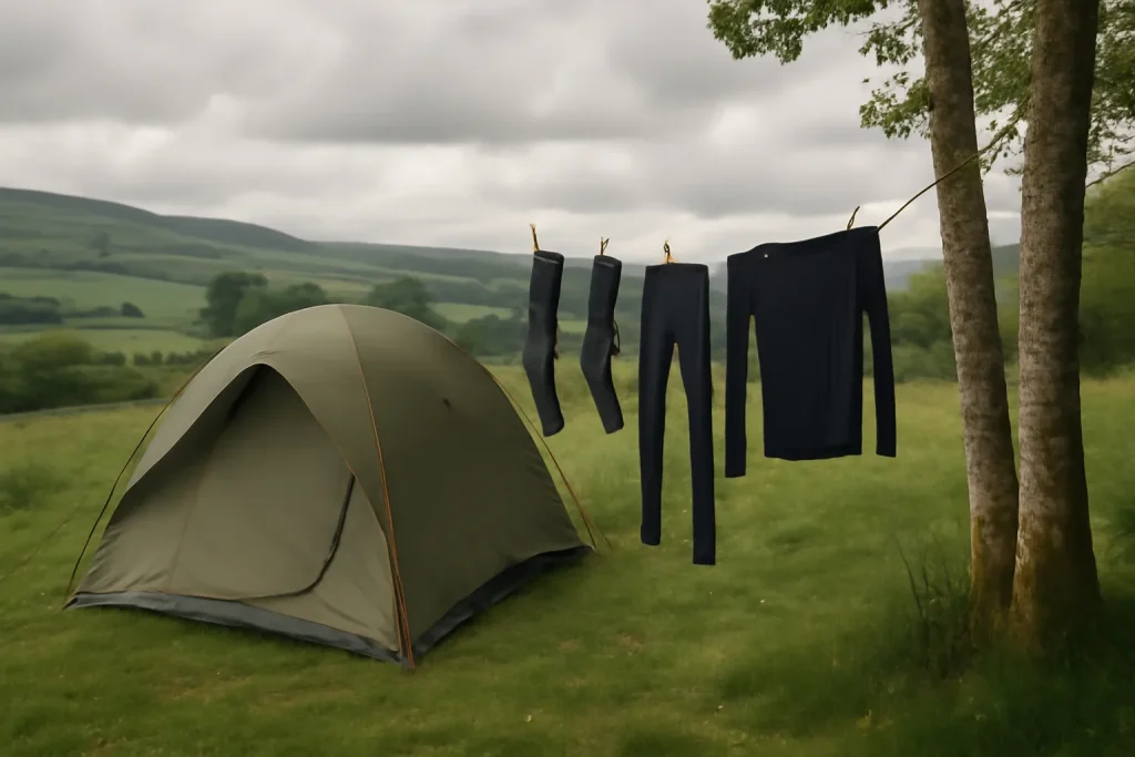 Camping clothes drying on a travel washing line beside a tent