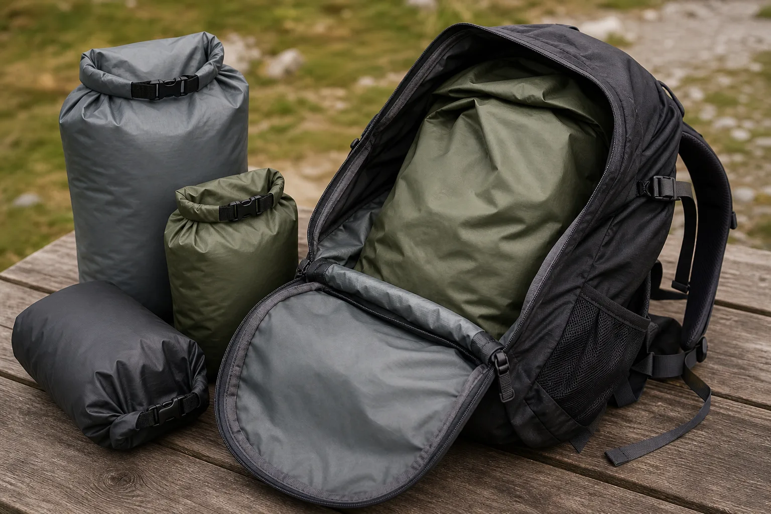 Waterproof backpack guide dry bags and pack liner inside hiking pack
