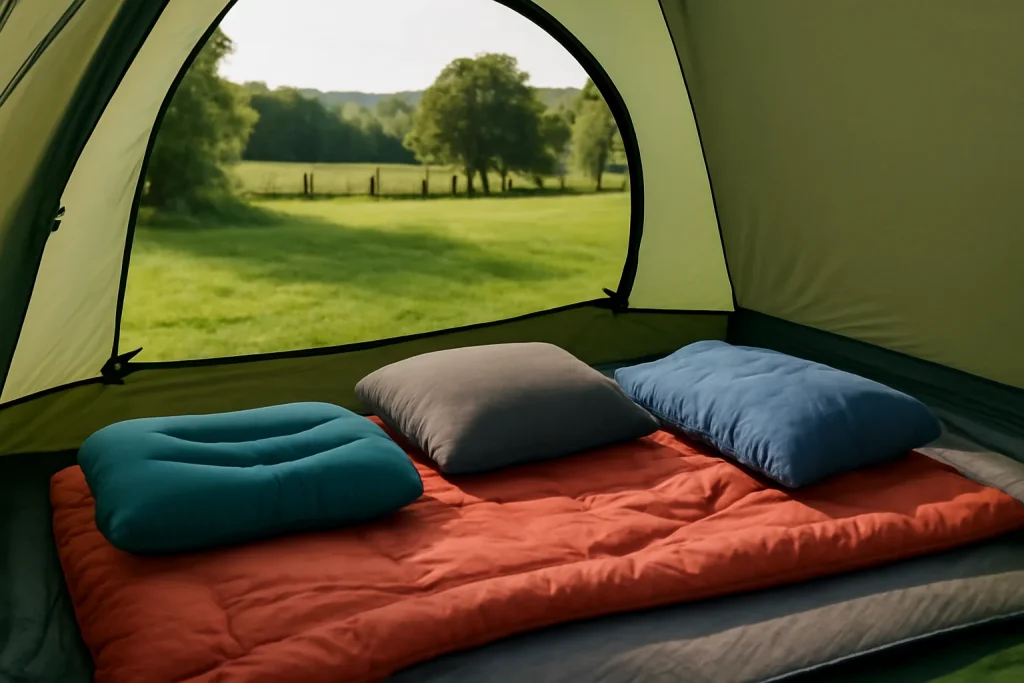 Camping pillows laid out with a sleeping bag and camping mat inside a tent
