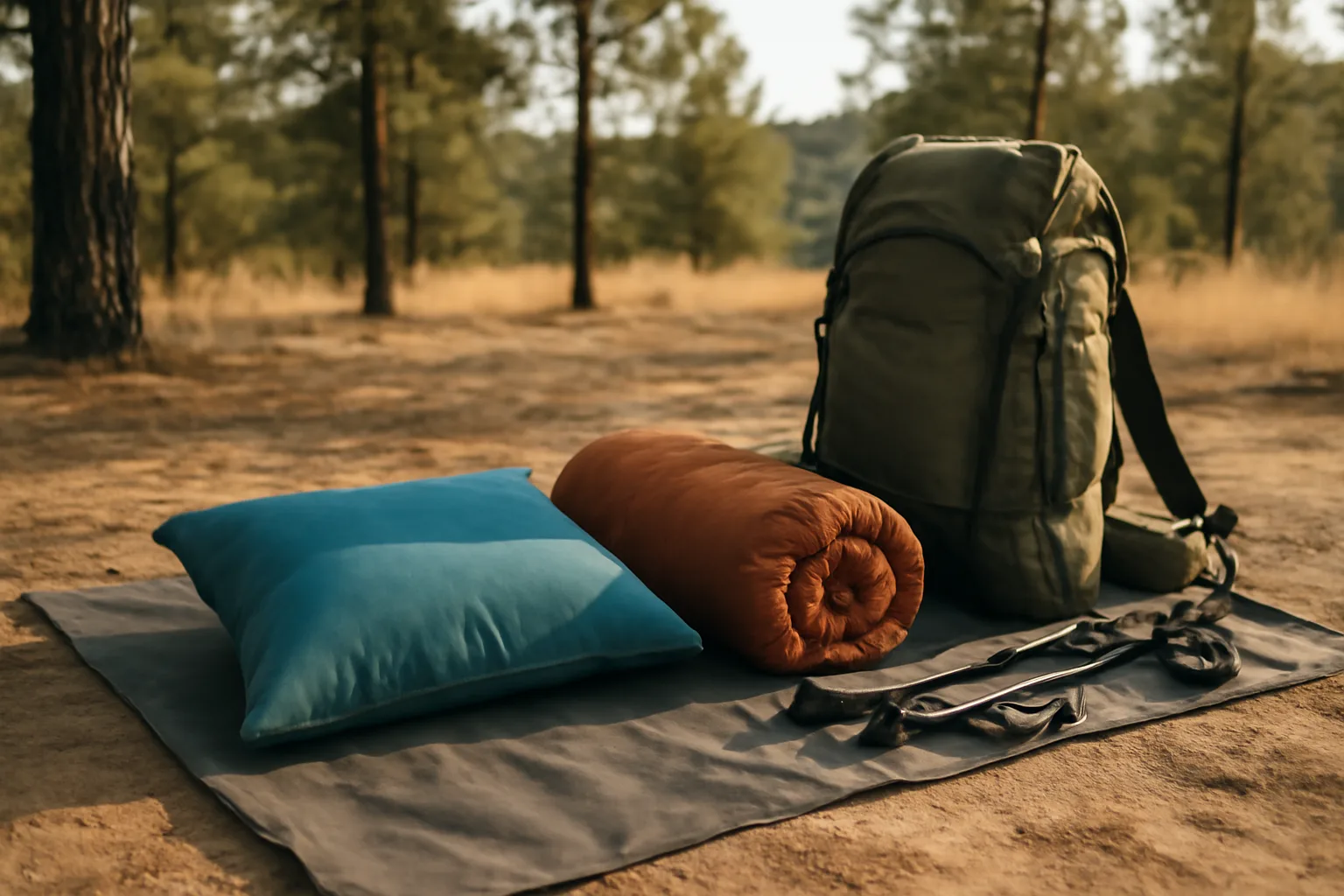 Compressible camping pillow beside packed rucksack and sleeping gear