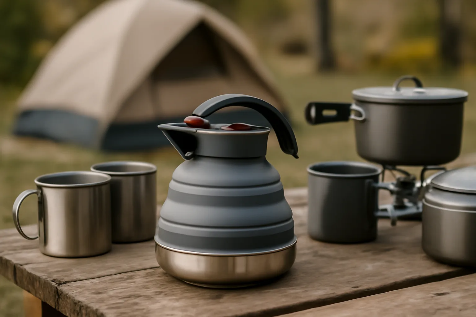 Folding camping kettle packed with cookware and mugs