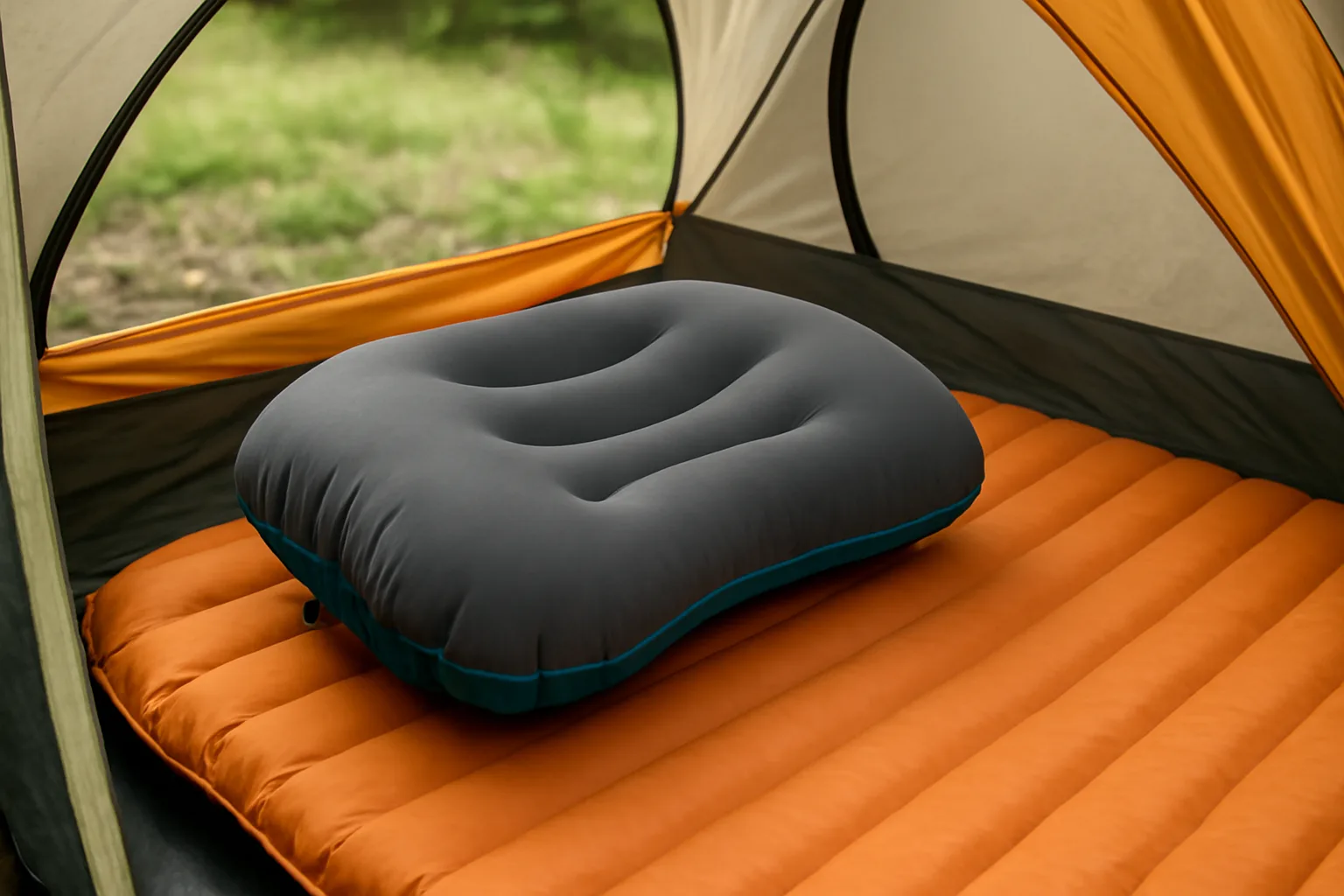 Inflatable camping pillow clipped to a sleeping mat inside a tent