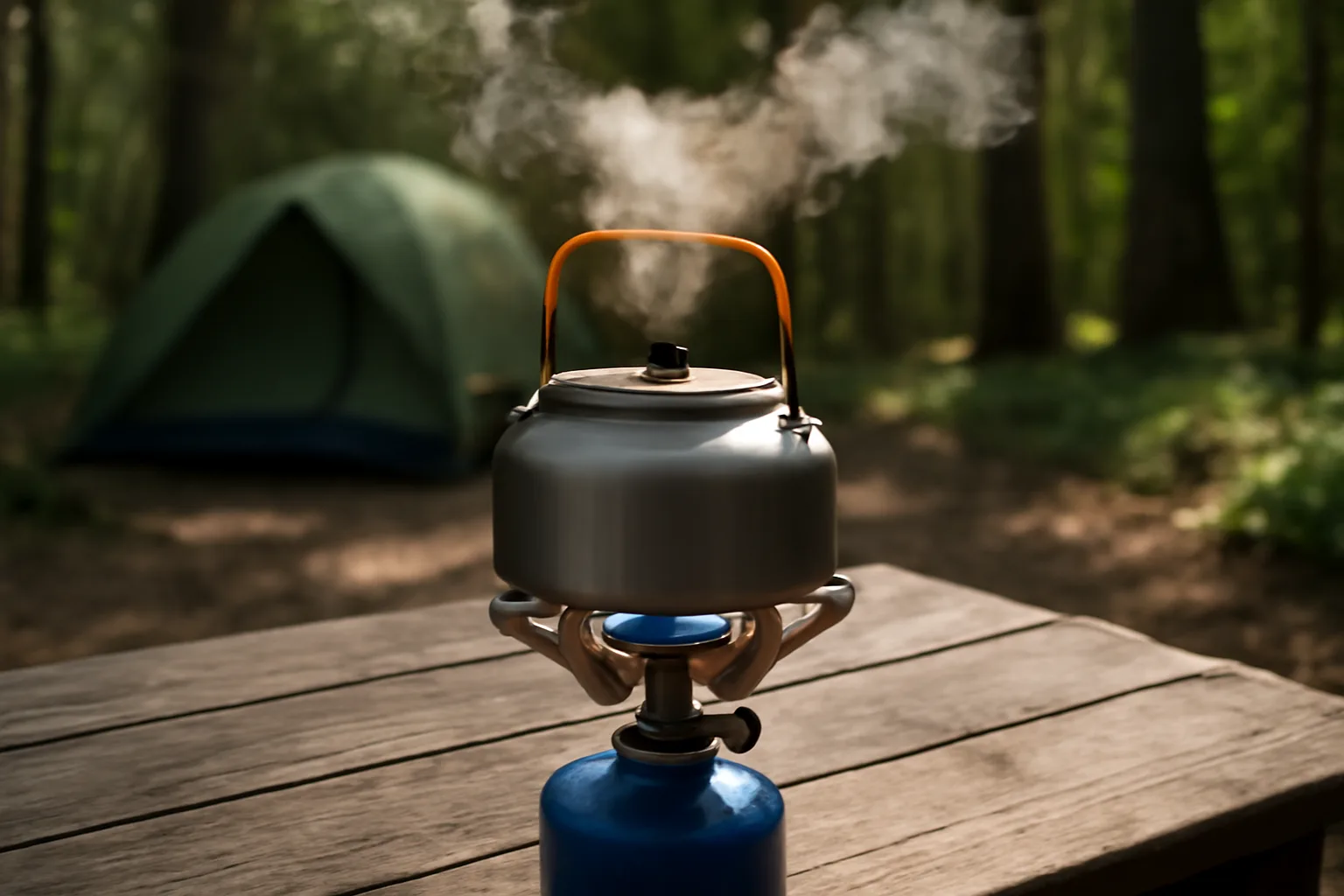Lightweight camping kettle heating on a compact stove