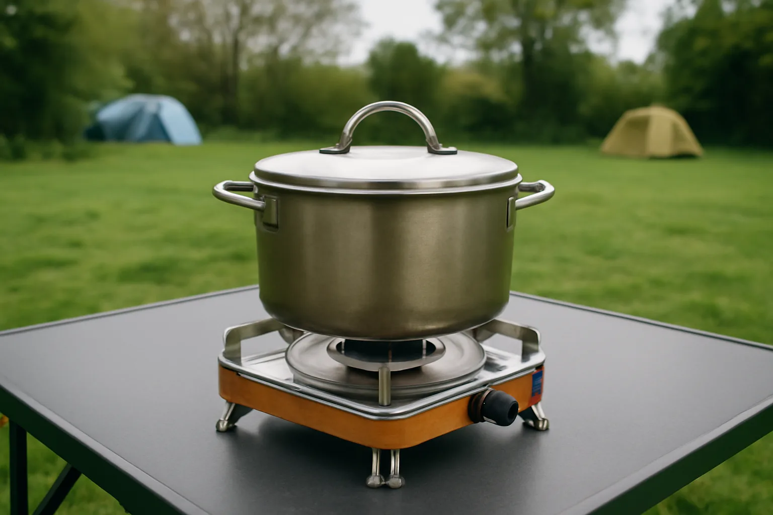 Stable camping stove and lidded pot on a flat camp table
