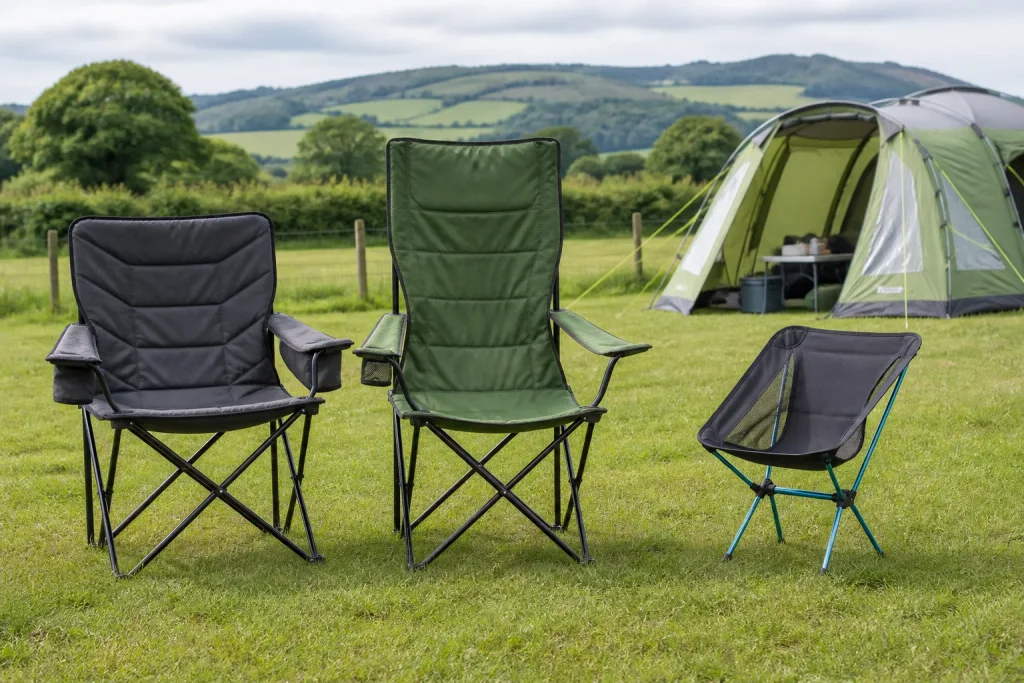 Varied padded, high-back and compact camping chairs at a UK campsite