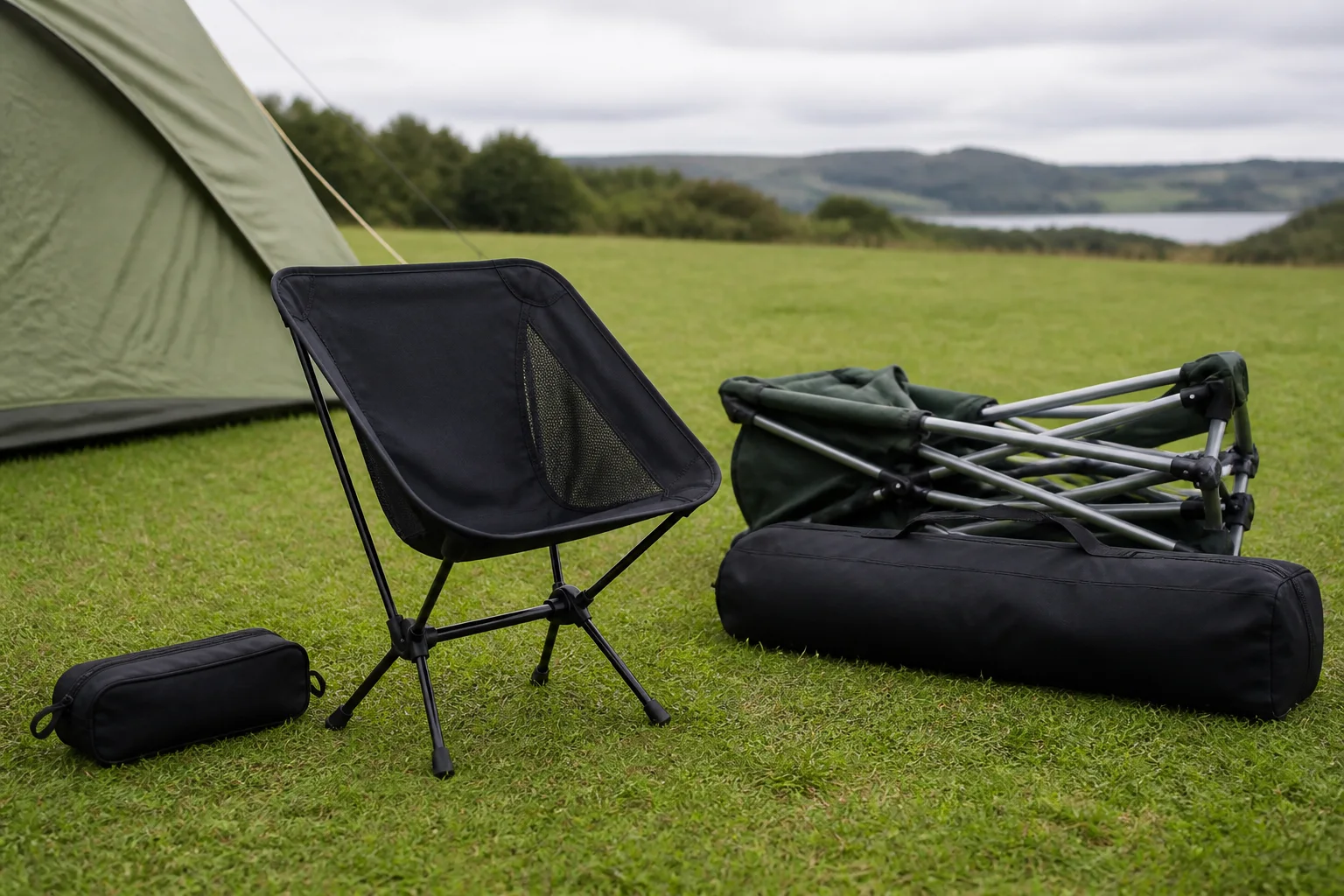 Compact backpacking chair and conventional folding chair with their carry bags