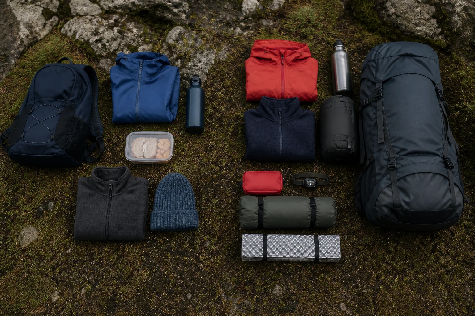 Day-walk kit beside a small pack and overnight kit beside a larger rucksack