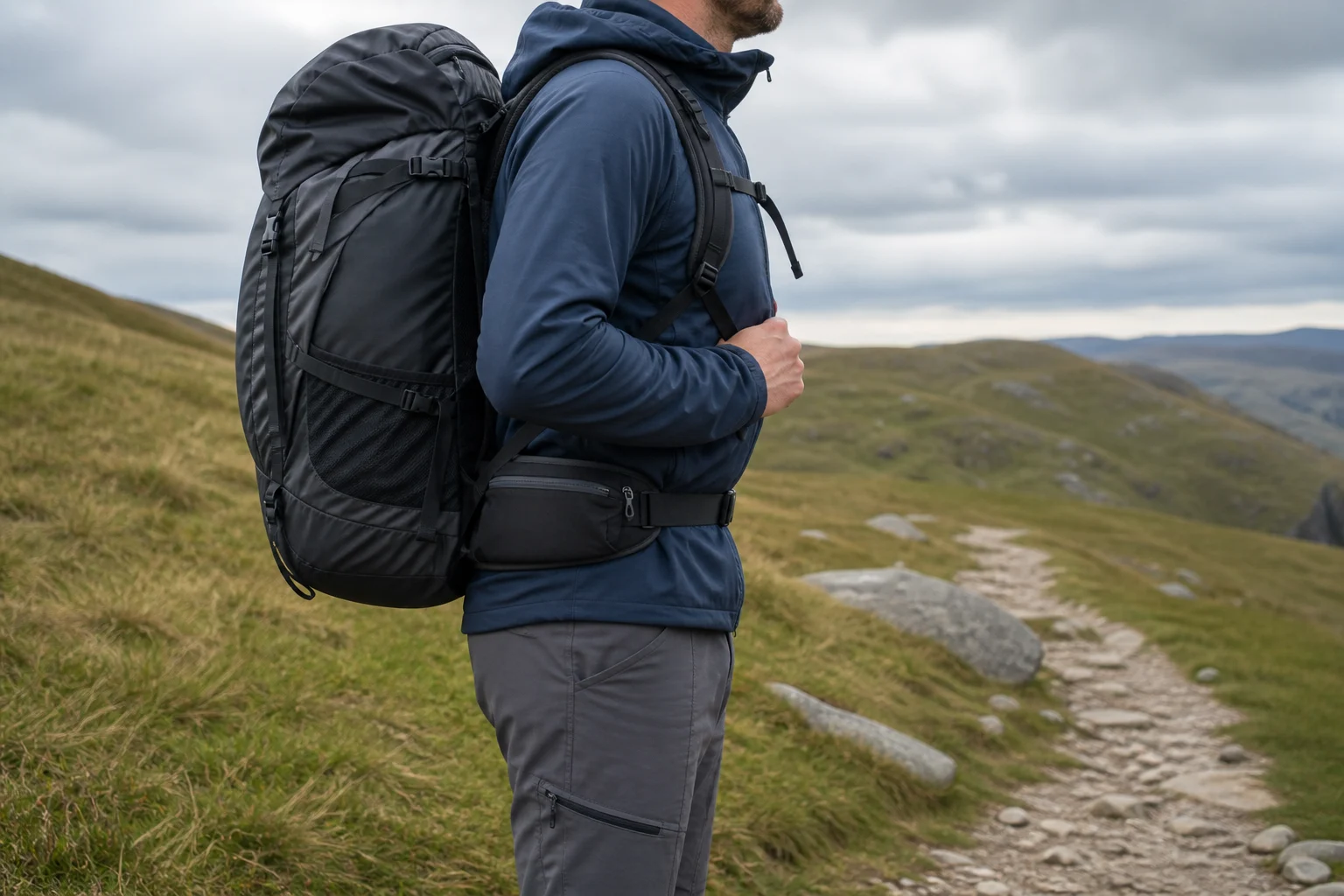 Hiker wearing a large rucksack with the hip belt and shoulder harness visible