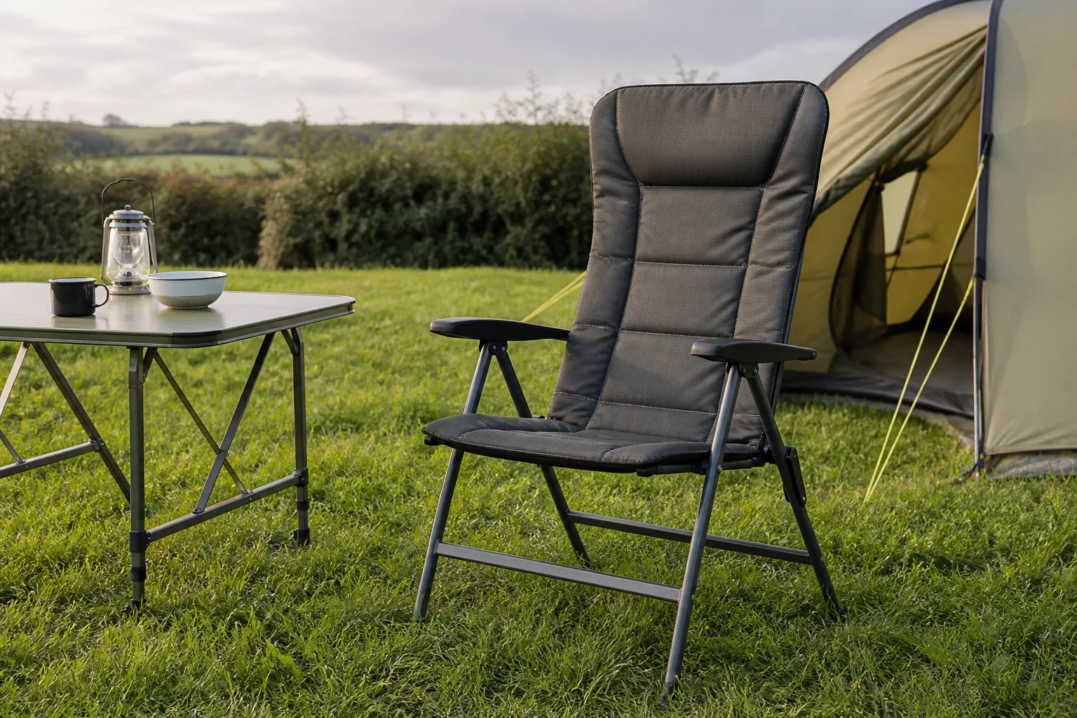 High-back padded camping chair beside a family tent and campsite table