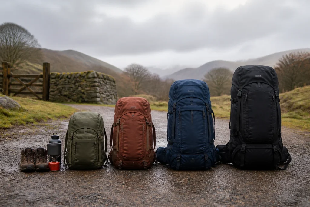 Four hiking rucksacks in different sizes for a UK rucksack size guide