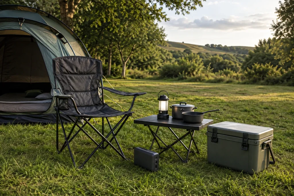 Useful camping equipment arranged beside a tent at a green campsite
