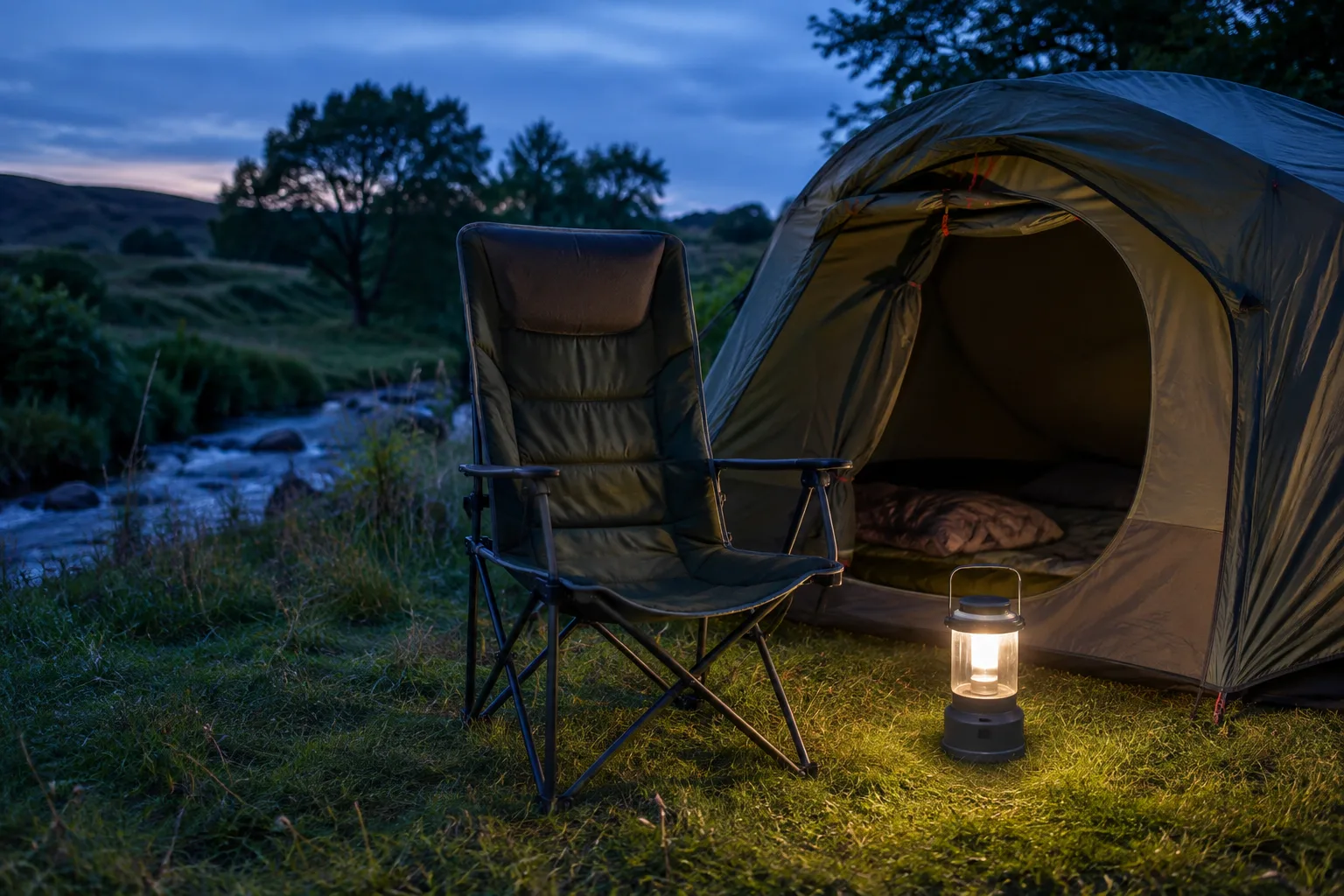 Camping chair and lantern set up outside a tent
