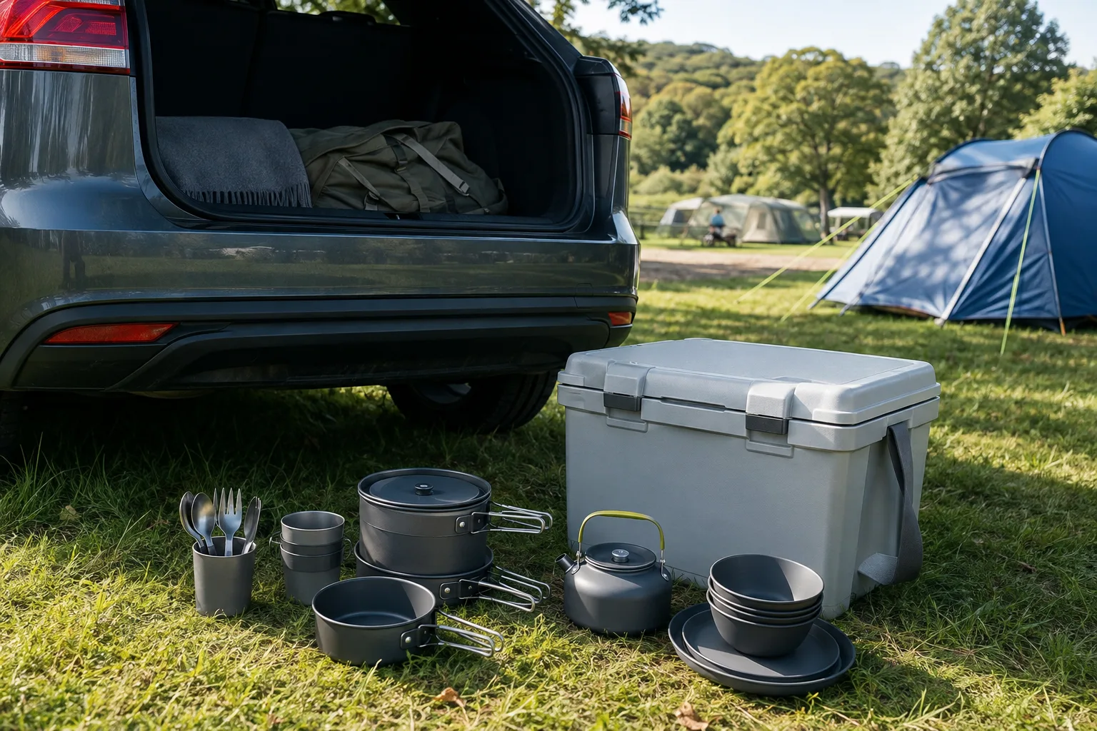 Camping cookware and food storage equipment organised at a campsite